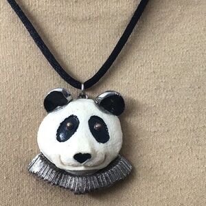 RARE Collectible Luca Razza 70’s Cast Resin Silver Accented Panda Face Necklace.